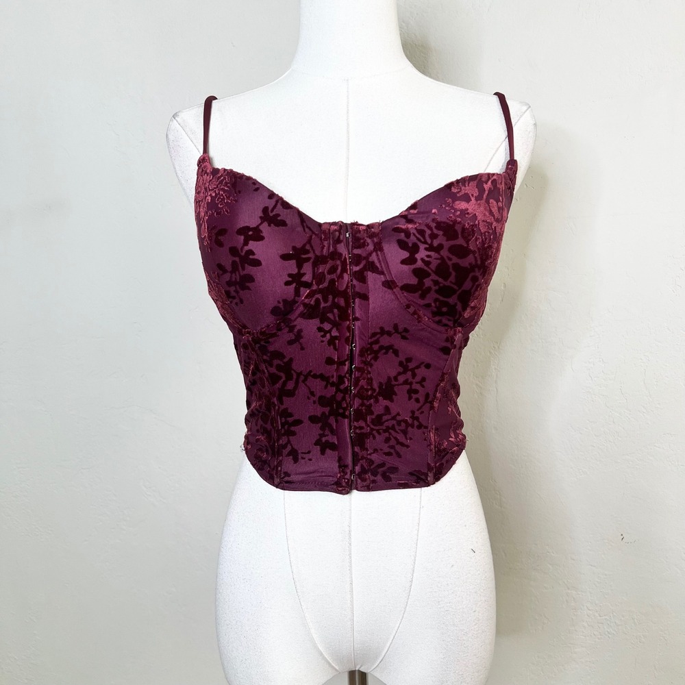 Lulus Corset Top Burnout Velvet Floral Size Small Burgundy Red Hook Eye NEW